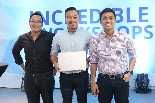 From L-R: ASUS Philippines Technical PR Manager Alvin Estacio, Jason Magbanua with the ASUS Zenbook, and ASUS Philippines PR Head Anvey Factora at the last leg of the Incredible Workshops Series.